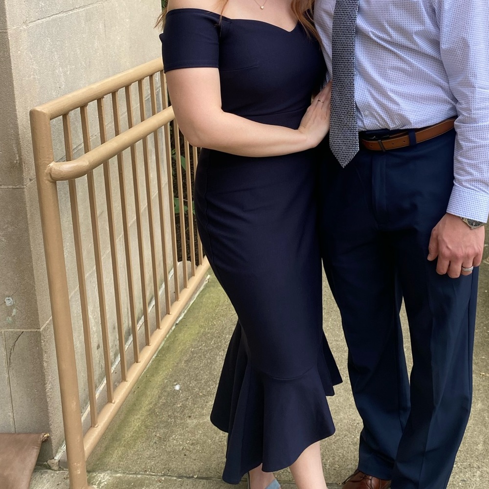Lulu's Navy Off-the-Shoulder Mermaid Hem Dress